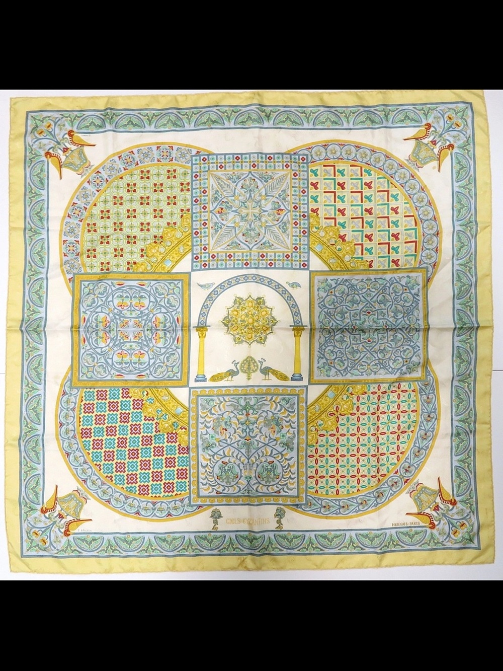 Hermes Yellow, Blue and Green Silk Scarf with Geometric Medallion Motif - Picture 1 of 13